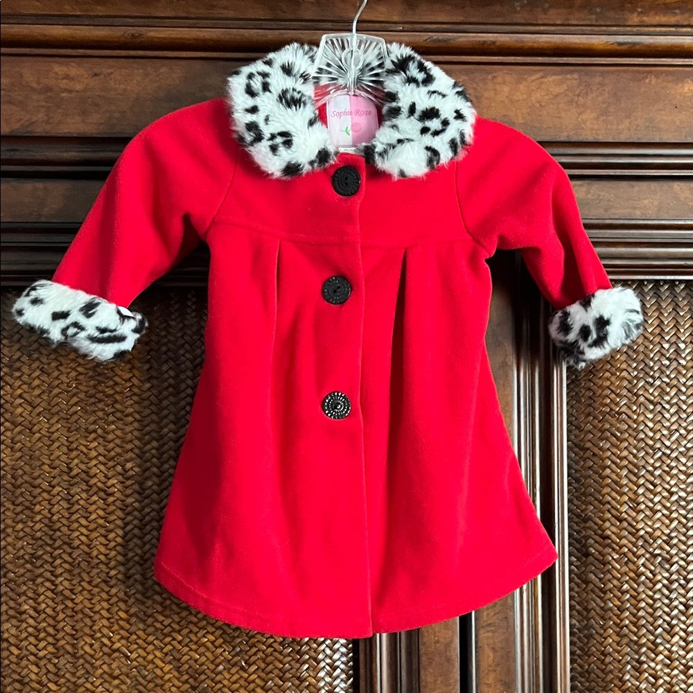 Girls Red Pea Coat with Faux Dalmatian Trim
